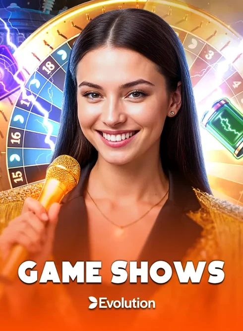 หน้าปกเกมไลฟ์คาสิโน GAME SHOWS มีพิธีกรหญิงดำเนินรายการ ค่าย Evolution