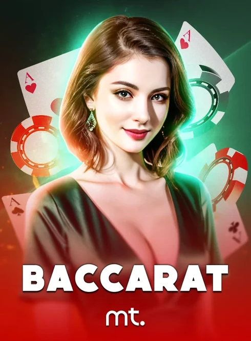 หน้าปกไลฟ์คาสิโน BACCARAT มีภาพดีลเลอร์หญิงถือไพ่ในมือ ค่าย mt.