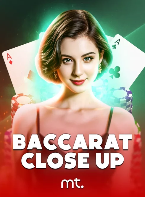 หน้าปกไลฟ์เกม BACCARAT CLOSE UP ภาพโคลสอัปดีลเลอร์หญิงถือไพ่ ค่าย mt.