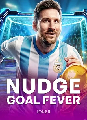 หน้าปกสล็อต NUDGE GOAL FEVER นักฟุตบอลสวมเสื้อลายทางสีน้ำเงินขาว ค่าย JOKER